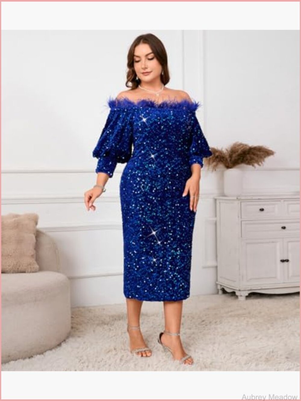 Sequin Off Shoulder Puff Sleeve Bodycon Midi Dress - Picture 3 of 7